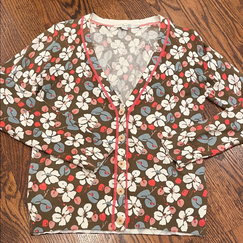 Boden sz 8 Vneck button cardigan - brown base w blue, creamy white & deep coral